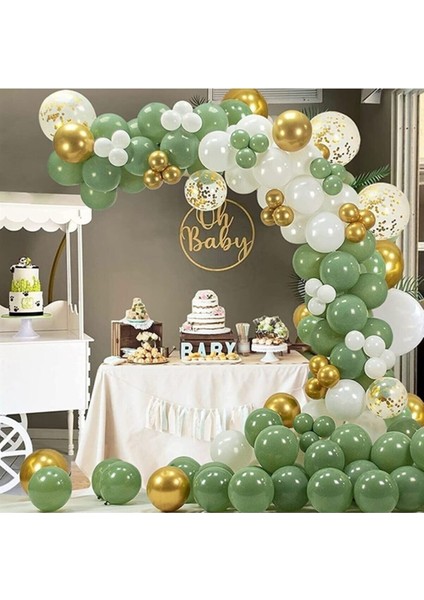 Küf Yeşili Beyaz Gold Krom Konfetili Zincir Balon Seti
