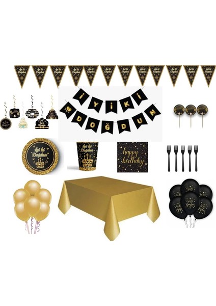 16 Kişilik Siyah Gold Lüks Doğum Günü Seti