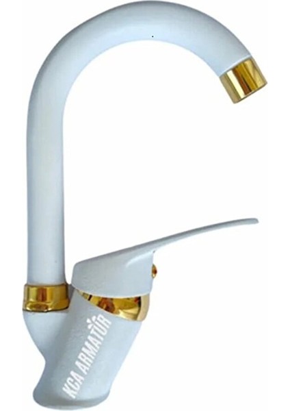 Beyaz Gold Banyo Lavabo Bataryası Musluğu Çeşmesi Oynar Borulu Çift Su Girişli