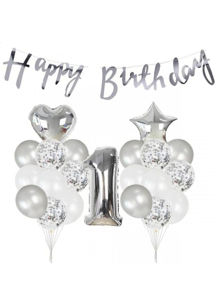 1 Yaş Gümüş Happy Bırthday Balon Seti
