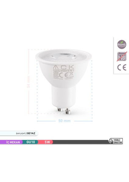 5W Reflektörlü LED Ampul 6500K Beyaz GU10