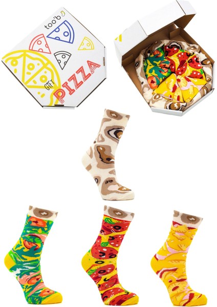 Pizza Karışık Desenli Renkli Unisex Çorap 4 Çift