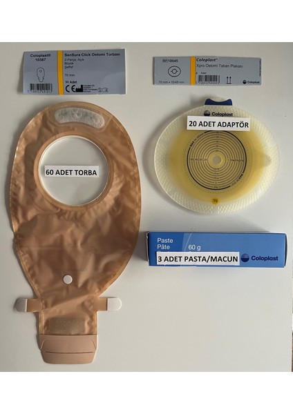 Ostomi Torbası Şeffaf-70 Mm-60 Adet/Ostomi Adaptörü -20 Adet/Pasta 60gr-3 Adet