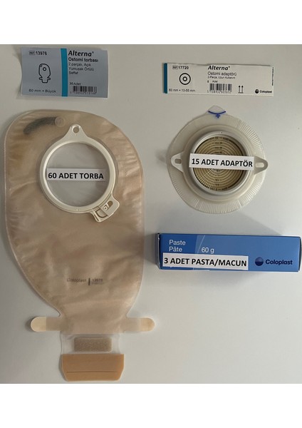 Ostomi Torbası Şeffaf-60 Mm-60 Adet/Ostomi Adaptörü Şeffaf -15 Adet/Pasta 60gr-3 Adet
