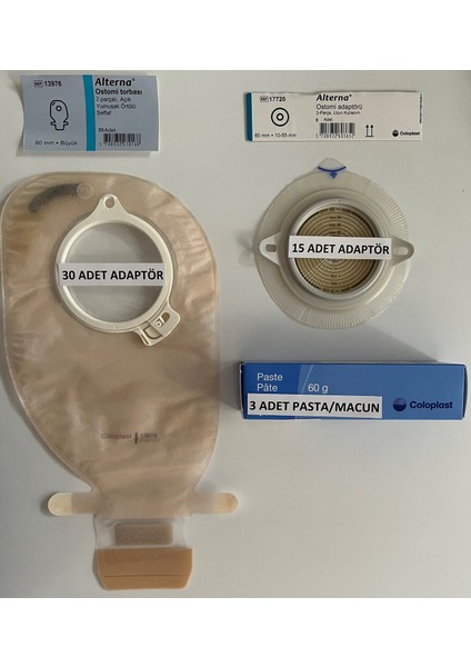 Ostomi Torbası Şeffaf-60 Mm-30 Adet/Ostomi Adaptörü Şeffaf -15 Adet/Pasta 60gr-3 Adet