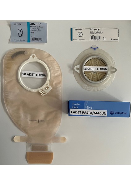 Ostomi Torbası Şeffaf-60 Mm-90 Adet/Ostomi Adaptörü Şeffaf -30 Adet/Pasta 60gr-3 Adet