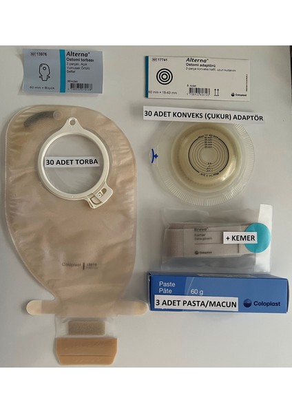 Ostomi Torbası Şeffaf-60 Mm-30 Adet/Ostomi Konveks Adaptör Şeffaf -30 Adet/Pasta 60gr-3 Adet+Kemer