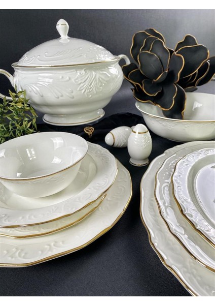 2,5mm Gold Band 59 Parça 12 Kişilik Yemek Takımı Bone China
