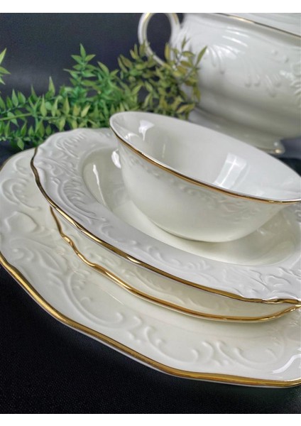 2,5mm Gold Band 59 Parça 12 Kişilik Yemek Takımı Bone China fiyatları