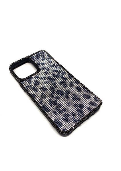 iPhone 13 Pro Max Swarovski Kristal Taşlı Bayan Siyah Telefon Kılıfı Siyah Gümüş Leopar Desen