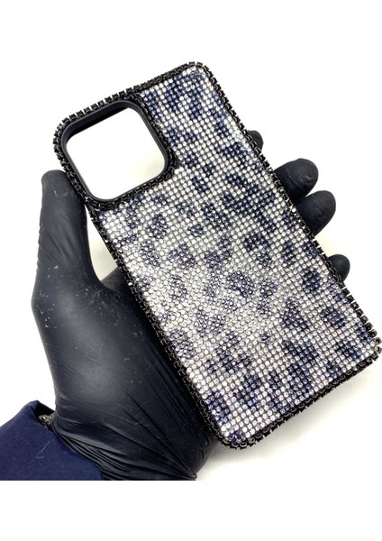 iPhone 13 Pro Max Swarovski Kristal Taşlı Bayan Siyah Telefon Kılıfı Siyah Gümüş Leopar Desen modelleri