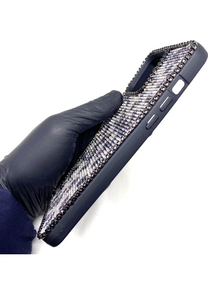 iPhone 13 Pro Max Swarovski Kristal Taşlı Bayan Siyah Telefon Kılıfı Siyah Gümüş Leopar Desen indirimleri