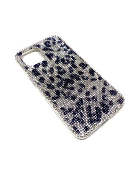 iPhone 12 Swarovski Kristal Taşlı Bayan Şeffaf Telefon Kılıfı Siyah Gümüş Leopar Desen