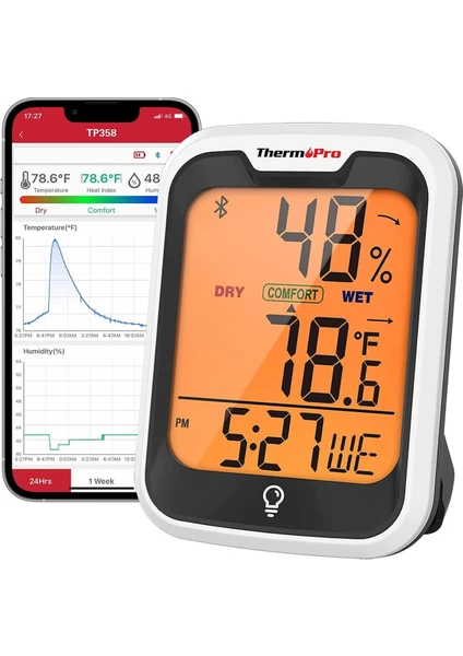 Npo Thermopro TP358 Telefon Kontrollü, Saatli, Takvimli, Iç Mekan Sıcaklık ve Nem Ölçer Termometre