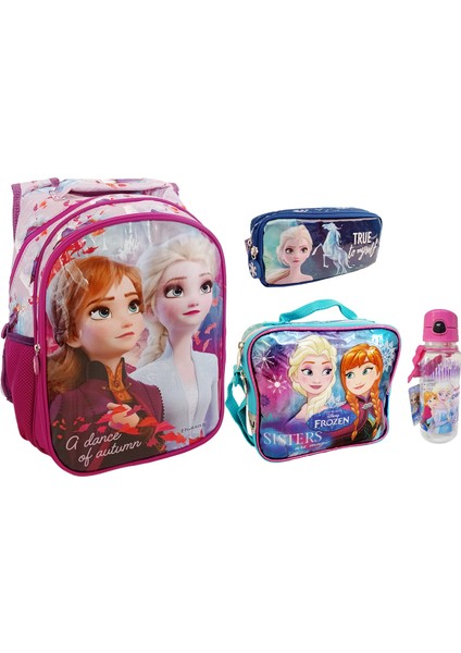 Frozen Okul Çantası Beslenme Çantası Kalemlik Matara 4'lü Set