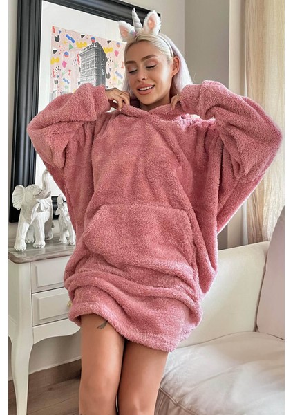 Pembe Kapşonlu Tam Peluş Oversize Sweat Panço Pijama