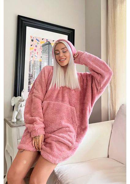 Pembe Kapşonlu Tam Peluş Oversize Sweat Panço Pijama fiyatları