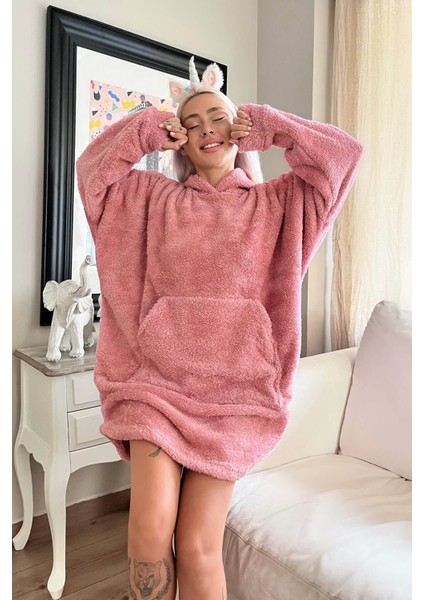 Pembe Kapşonlu Tam Peluş Oversize Sweat Panço Pijama modelleri
