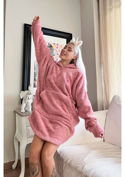 Pembe Kapşonlu Tam Peluş Oversize Sweat Panço Pijama fırsatları