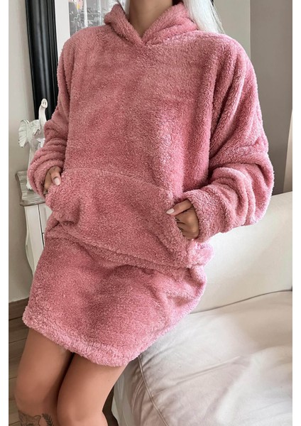 Pembe Kapşonlu Tam Peluş Oversize Sweat Panço Pijama indirimleri