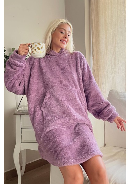 Pijama Evi Lila Kapşonlu Tam Peluş Oversize Sweat Panço Pijama