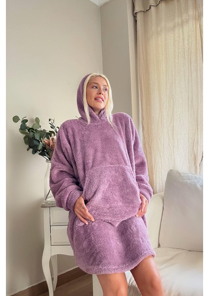 Pijama Evi Lila Kapşonlu Tam Peluş Oversize Sweat Panço Pijama