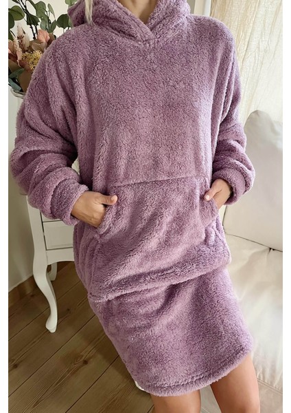 Pijama Evi Lila Kapşonlu Tam Peluş Oversize Sweat Panço Pijama