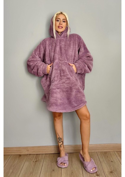 Pijama Evi Lila Kapşonlu Tam Peluş Oversize Sweat Panço Pijama