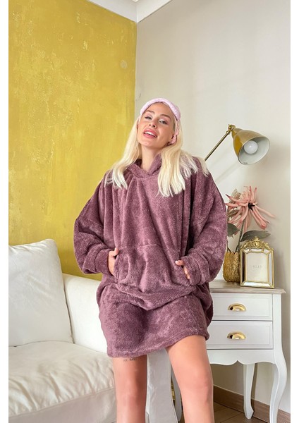 Acı Kahve Kapşonlu Tam Peluş Oversize Sweat Panço Pijama