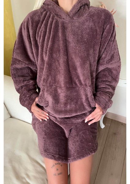 Acı Kahve Kapşonlu Tam Peluş Oversize Sweat Panço Pijama