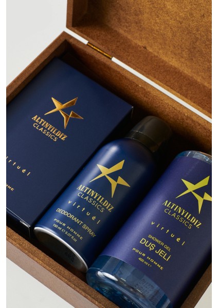 ALTINYILDIZ CLASSICS Erkek AC Virtuel 100 Ml EDP Parfüm-Deodorant 150 Ml Duş Jeli 400 Ml Ahşap Kutulu Set Damat Bohçası