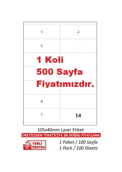 A1ETIKET TW-2614 500 A4 Sayfa Lazer Etiket 105 x 40 mm 1 A4 Sayfada 14 Etiket