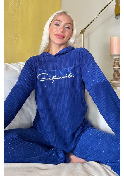 Lacivert Think Desenli Kapşonlu Peluş Polar Pijama Takımı