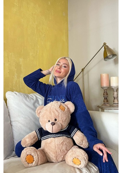 Lacivert Think Desenli Kapşonlu Peluş Polar Pijama Takımı