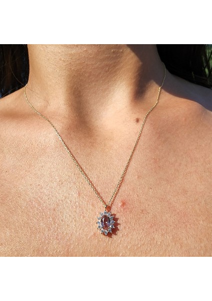 0,95 Ct Zultanit 0,25 Ct Pırlanta (Signity) Taşlı Anturajlı Vintage 14 Ayar Altın Tasarım Kolye