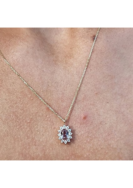 0,95 Ct Zultanit 0,25 Ct Pırlanta (Signity) Taşlı Anturajlı Vintage 14 Ayar Altın Tasarım Kolye