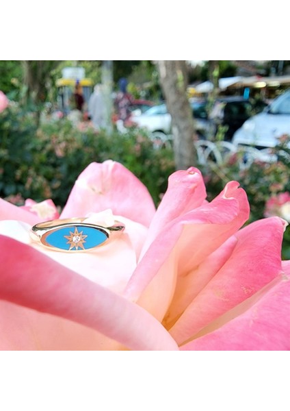 Mineli Altın Yüzük - 14 Ayar Altın Oval Mühür Turkuaz Mineli Kutup Yıldızı Minimal Taşsız Yüzük