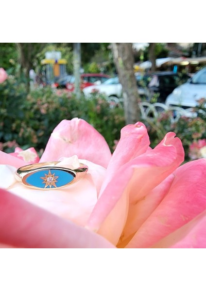 Mineli Altın Yüzük - 14 Ayar Altın Oval Mühür Turkuaz Mineli Kutup Yıldızı Minimal Taşsız Yüzük fiyatları