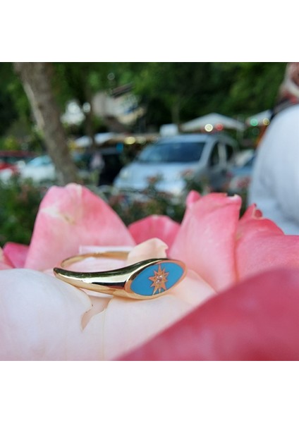 Mineli Altın Yüzük - 14 Ayar Altın Oval Mühür Turkuaz Mineli Kutup Yıldızı Minimal Taşsız Yüzük modelleri