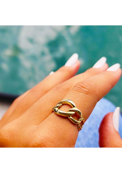 Taşsız Altın Yüzük - 14 Ayar Altın Zincir Taşsız Yüzük - Eşe, Anneler Gününe Hediye Altın Yüzük