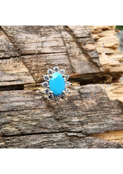 Altın Yüzük - 1,05 Ct Firuze 0,30 Ct Pırlanta (Signty) Taşlı Anturajlı Vintage Tasarım Modern 14 Ayar Altın Yüzük