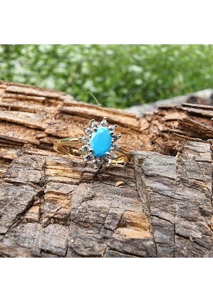 Altın Yüzük - 1,05 Ct Firuze 0,30 Ct Pırlanta (Signty) Taşlı Anturajlı Vintage Tasarım Modern 14 Ayar Altın Yüzük fiyatları