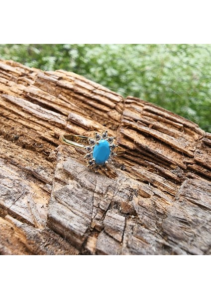 Altın Yüzük - 1,05 Ct Firuze 0,30 Ct Pırlanta (Signty) Taşlı Anturajlı Vintage Tasarım Modern 14 Ayar Altın Yüzük fırsatları