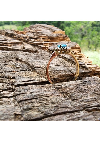 Altın Yüzük - 1,05 Ct Firuze 0,30 Ct Pırlanta (Signty) Taşlı Anturajlı Vintage Tasarım Modern 14 Ayar Altın Yüzük indirimleri