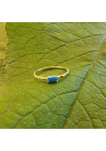 Altın Yüzük - 0,35CT Firuze Taşlı Dövülü Eskitme Minimal Tasarım 14 Ayar Altın Yüzük-Firuze Taşlı Tektaş Yüzük