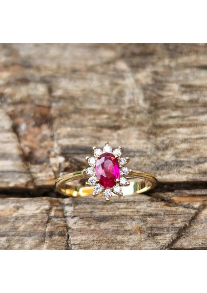 Altın Yüzük - 1,05 Ct Yakut 0,30 Ct Pırlanta (Signty) Taşlı Anturajlı Vintage Tasarım Modern 14 Ayar Altın Yüzük