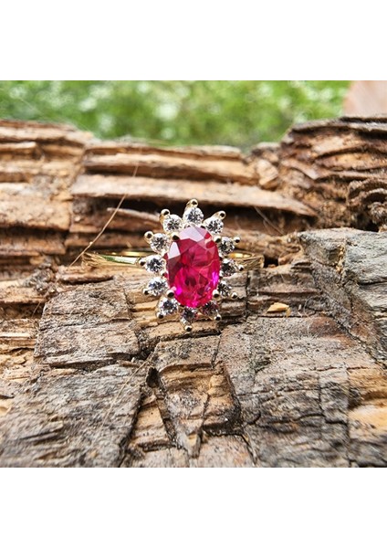 Altın Yüzük - 1,05 Ct Yakut 0,30 Ct Pırlanta (Signty) Taşlı Anturajlı Vintage Tasarım Modern 14 Ayar Altın Yüzük indirimleri