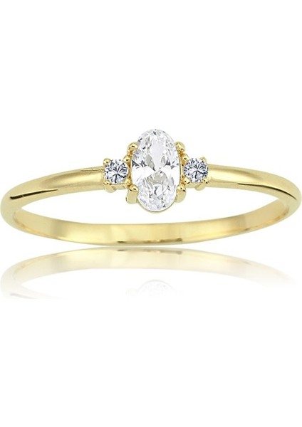 Tria Altın Yüzük - 14 Ayar Altın Oval Taşlı Tria Minimal Yüzük - Hediyelik Minimal Altın Yüzük