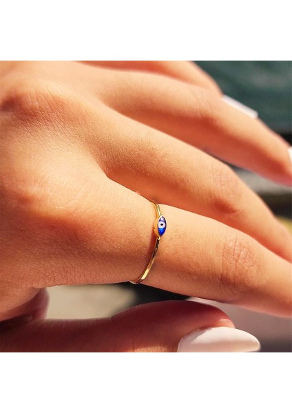Altın Yüzük - Mekik Lacivert Mineli Göz Altın Yüzük- Minimal Tektaş Tasarım Estetik Nazar Boncuğu Altın Yüzük modelleri