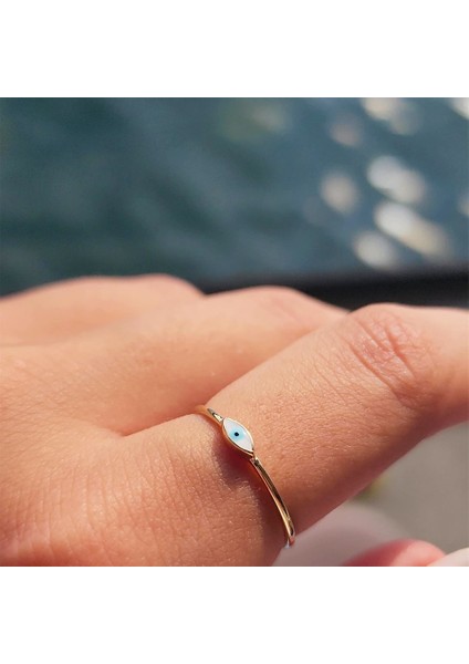 Mineli Altın Yüzük - 14 Ayar Altın Beyaz Mineli Minimal Göz Yüzük - Nazar Boncuğu Altın Yüzük